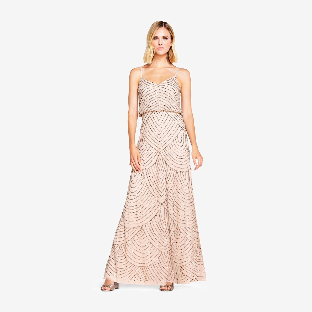 NWT Adrianna Papell Art Deco Beaded Blouson Gown In Taupe Pink - Size 16
